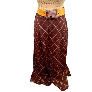 Vintage Brown plaid maxi A line skirt size small side button and zip